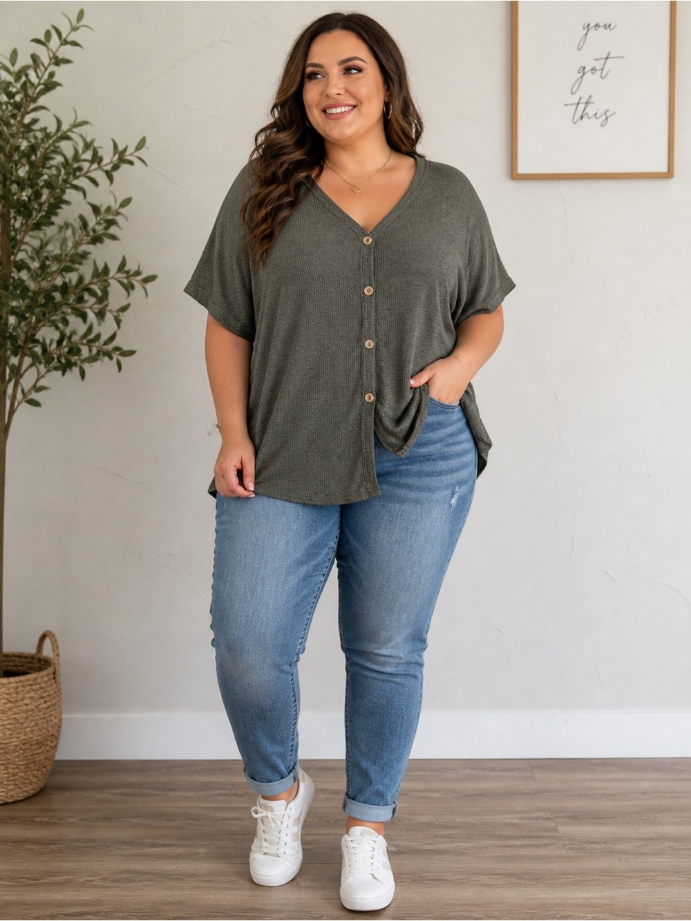 💟 Fantastic Fawn Waffle Knit Button Front Top – Size 1X